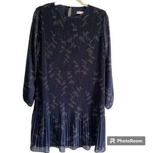 OAK + Fort Blue  and White Pleated Long Sleeve Floral Shift Dress Size S